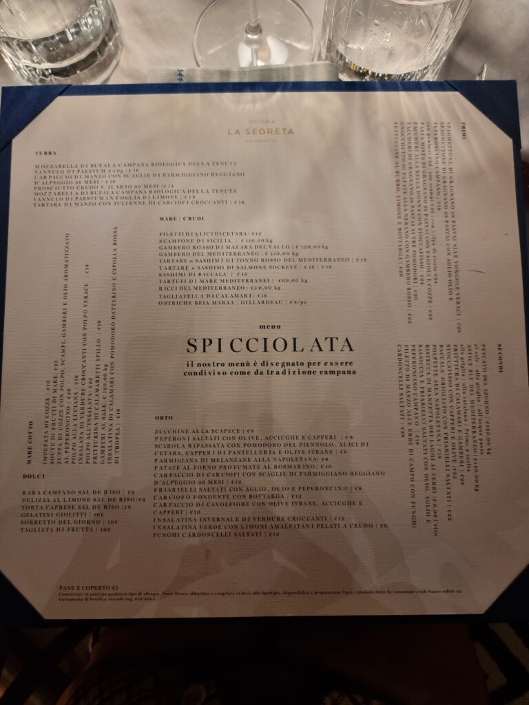 Il menu di Osteria La Segreta